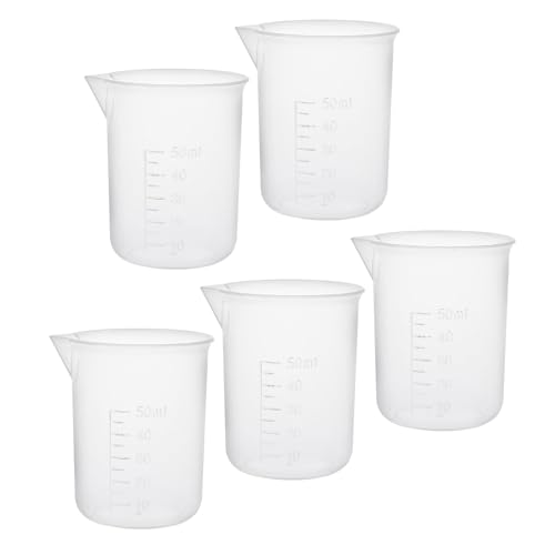 YOKIVE 5 Pcs PP Plastic Beaker, Laboratory Use | Liquid Measuring Cup, Great for Lab, Kitchen, Daily Use (Clear White, 50ML)