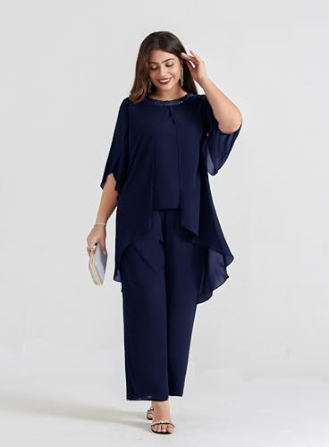 Hanna Nikole Plus Size Mother of The Bride Pant Suits 2 Piece Chiffon Sets Dressy Wedding Guest Outfit with High Low Hem2