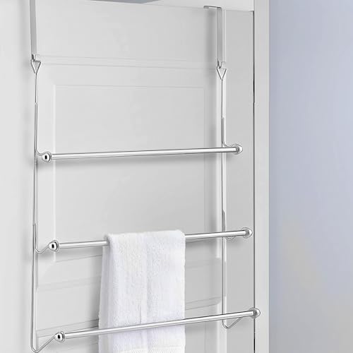 Home Beauty | 3 Tier Chrome Over Door Clothes Airer Towel Rail Rack Hanger Bar Holder Bathroom Bath Towels Storage Organizer | (60L x 12W x 70H CM)