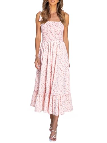 Imily Bela Womens Summer Floral Boho Dress Tie Strap Square Neck Smocked Ruffle A Line Beach Long Maxi Dresses Pink