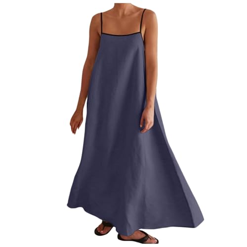 Genérico Vestido Maxi para Mujer, Recorte en contraste, Tirantes de espagueti, Trajes de verano, Vacaciones, Vestidos Largos sin Mangas Chic y Elegant, azul marino, S