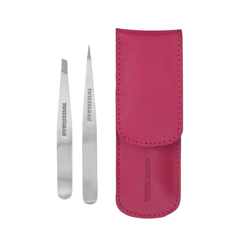 TWEEZERMAN Set de pinzas Petite (estuche de piel, pinzas oblicuas y puntiagudas, pinzas para cejas, acero inoxidable), rosa