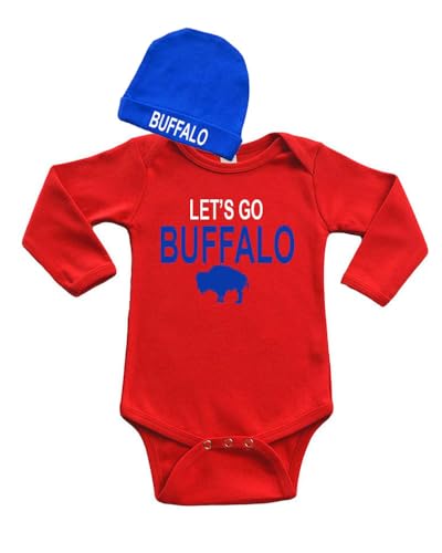 PandoraTees Long Sleeve Bodysuit & Cap Set - Lets go Buffalo (6-12m Red)