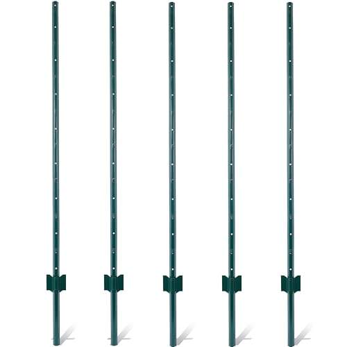5 Feet Fence Post, 5 Pack U-Channel Heavy Duty Metal Fence Posts, Sturdy Steel Fence Stakes for Garden Yard, Lawn, Farms and Outdoor Wire Fencing, Green