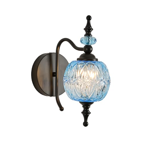 Image of Vintage Wall Sconces with Black Finish Bathroom Blue Wall Light Fixtures with Crystal Glass Shade for Bedroom Living Room Kitchen Hallway