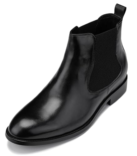 CALTO Men's Invisible Height Increasing Elevator Shoes - Premium Leather Slip-on Chelsea Boots - 2.8 Inches Taller