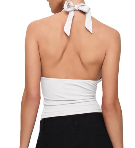 YFANG Women's Sexy Halter Tie Back Deep V Neck Sleeveless Slim Fitted Going Out Crop Tank Top2