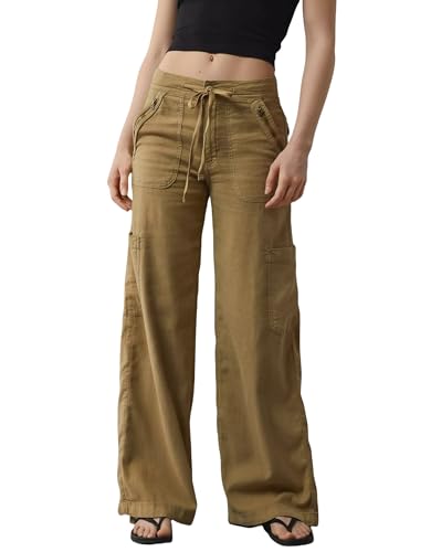 Women's Casual Cargo Jeans Summer Linen Mid Waisted Drawstring Wide Leg Denim Pants