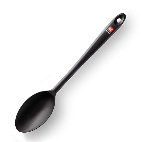 DI ORO Cooking Spoon – Solid Silicone Spoon 600°F High Heat Nonstick Cookware Safe – Kitchen Spoon for Cooking & Baking – Large Serving Spoon Utensil for Mixing & Stirring – Dishwasher Safe (Black)