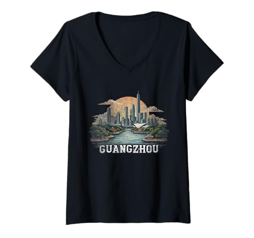 Mujer Retro Guangzhou Paisaje Vintage Souvenir Camiseta Cuello V