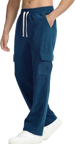 Banana Bucket Men's Corduroy Cargo Pants - Wide Leg Elastic Waist Drawstring Sweatpants for Casual & Outdoor Activities2