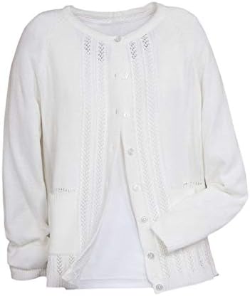 National Women's Long Sleeve Button-Front Classic Cardigan Sweater Pointelle Knit, White, Large