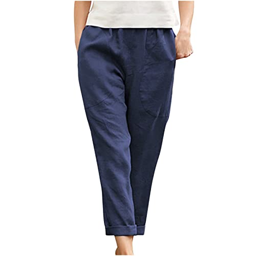 Image of LRMQS Cotton Linen Pants Women Casual Summer 2026 Trendy Loose Fit Beach Wide Straight Leg Trousers with Side Pockets