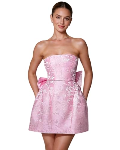 JUMISEE Embroidery Satin Homecoming Dress with Bow Modest Strapless Mini Dresses A Line Short Prom...
