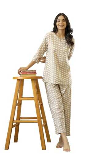 Image of SANSKRUTIHOMES Women's Premium 100% Cotton Printed Co-Ord Set | Short Sleeve Shirt & Pant Set | Pink Checkered Sun & Palm Tree Print | Casual Summer Resortwear, Vacation Wear & Comfortable Loungewear