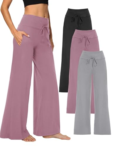 1/3 Pack Wide Leg Yoga Pants for Women, Comfy Lounge Pajama Sweatpants Loose Causal Palazzo with Pockets