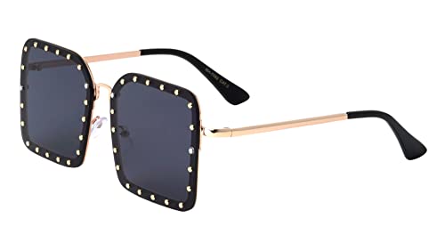 Queens Riveted Large Rimless Square Studded Sunglasses Men Women RH-7082
