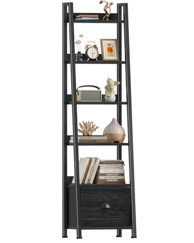 Image of Furologee 6 Tier Ladder Shelf,Ladder Bookshelf with Drawer,Industrial Tall Bookcase,Storage Rack Organizer,Wood Metal Freestanding Shelves for Living Room, Home Office, Bedroom,Black Oak