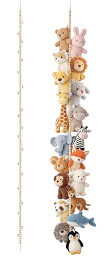 Mkono 2 Pack Hanging Stuffed Animal Storage Hanger Nursery Wall Decor Boho Wood Beads Plushies Holder Display with 40 Clips Hanging Baby Hat Socks Photo Artwork for Kids Room Playroom Bedroom, 76”