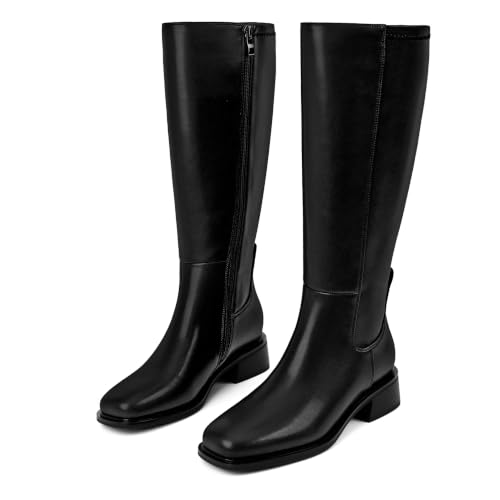Image of QIY Knee High Boots for Women Low Heel Flat Tall Boots | Stretch Boots, Chunky Heel Womens Boots, Square Toe Heeled Fall Winter Dress Riding Long Boot with Side Zipper
