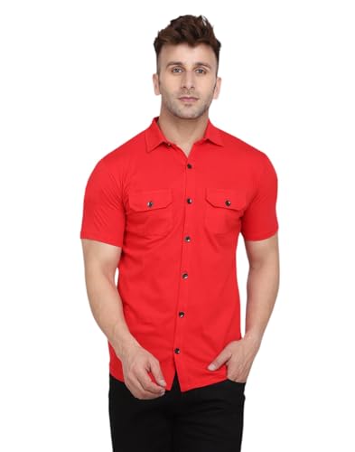 Image of Men's Half Sleeve Shirt - Spread Collar Casual Shirt with Double Flap Pockets - Slim Fit Cotton Blend Button-Down
