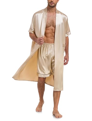 VOGMATE Men's Kimono Robe with Shorts 2 Pieces Silky Pajama Set Lightweight Satin Bathrobe Soft...