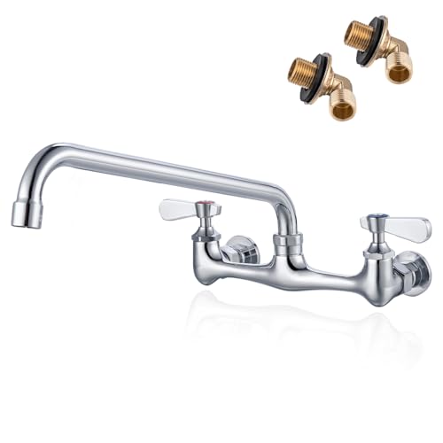 Phivan 8 Inch Center Wall Mount Commercial Sink Faucet - 12' Swivel Spout Dual Handle Chrome Brass Commercial Faucet for Restaurant/Laundry/Utility Room Kitchen Sinks, Includes 90 Degree Adapters