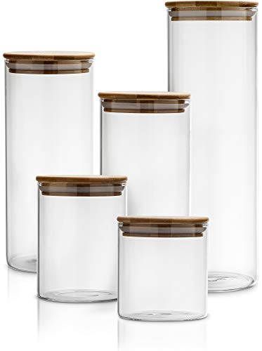 Canister Set of 5, Glass Kitchen Canisters with Airtight Bamboo Lid, Glass Storage Jars for Kitchen, Bathroom and Pantry Organization Ideal for Flour, Sugar, Coffee, Cookie Jar, Candy, Snack and More