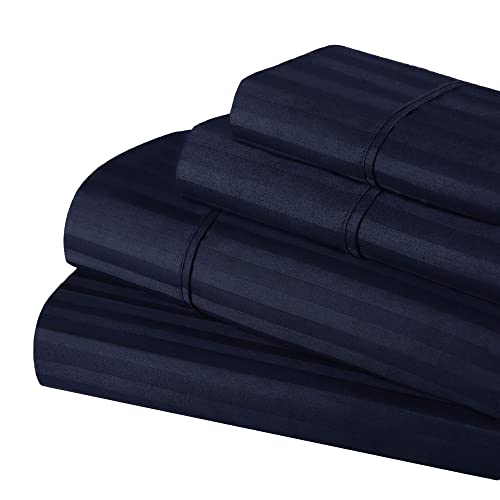 Combed Cotton 300 Thread Count, Olympic Queen 4-Piece Bed Sheet Set, Deep Pocket, Single Ply, Sateen Stripe, Navy Blue #TOP1