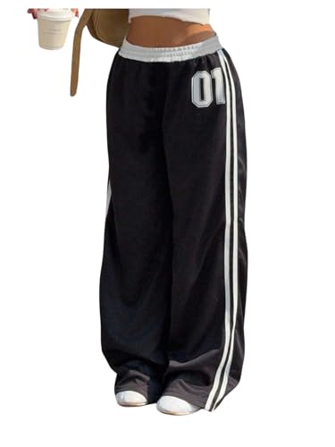 Verdusa Girl's Streetwear Striped Sweatpants Drawstring High Waisted Wide Leg Baggy Trousers