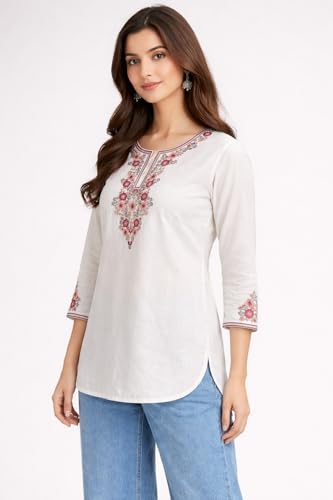 Image of HAUTEMODA Women Cotton Floral Embroidered Short Kurti, Tunic, Three-Fourth Sleeves, White
