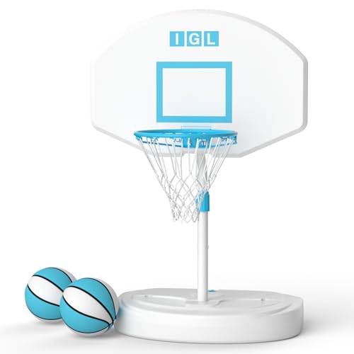 IGL Pool Basketball Hoop Poolside, Height Adjustable Swimming Basketball Hoop Outdoor for Pool, Anti-rust Stainless Steel Rim, Portable Basketball Goal System, Fillable Base, Includes 2 Balls and Pump