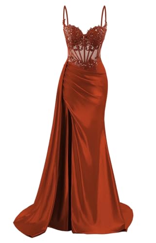 Vestidos de dama de honor de satén para mujer para boda con abertura, vestidos de graduación, vestidos de cóctel, talla grande, Naranja Quemado, 36