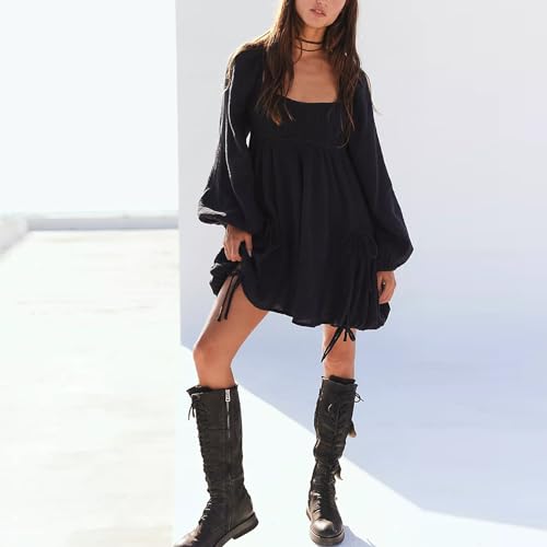 Image of Shiyifa Women's Summer Mini Dress Casual Square Neck Long Sleeves Loose Sundress with Pockets