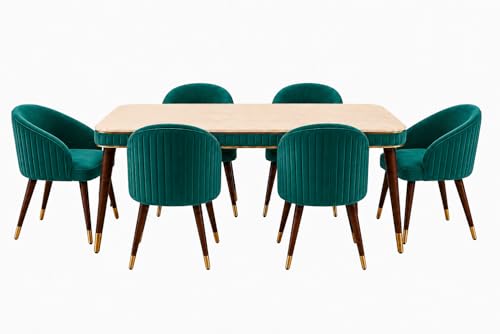 Image of WOODEN SPACE 6-Seater Wooden Dining Table Set | Nano Composite Marble Top | Solid Wood Base | Modern Dining Room Furniture with 6 Chairs (Modern Sea Blue)