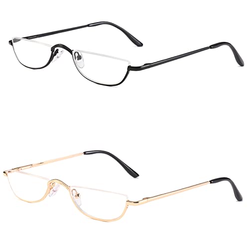 KoKoBin Half Reading Glasses -- 2 Pairs Half Rim Metal Frame Glasses Spring Hinge Readers for Men and Women, Black+Gold 1.25