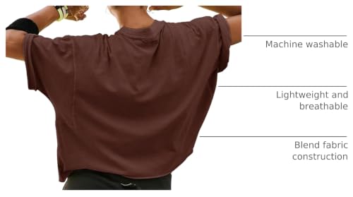 Image of HUGOOME Womens Oversized Workout Crop Top Casual Short Sleeve Boxy Roll Hem | Basic Half Split Sleeve Drop Shoulder Loose Yoga Running Gym Tee Cropped T-shirt Solid Trendy Relaxed Daily Tee