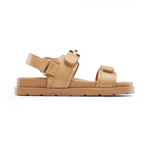 Image of FabKids Girl's Flat Sandals Comfort Adjustable Double Strap Slip on Leather Footbed Sandals for Toddler Little Kid Big Kid