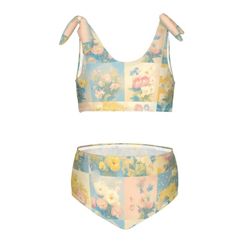 KLL Retro Checker Board Groovy Flower Oil Painting Girl 2 Piece Bikini Sets Beach Swimsuits Swimming Suits Cute