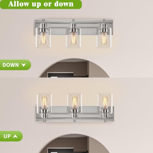 Image of 3-Light 21inch Brushed Nickel Vanity Light, Thickened Clear Glass | Over Mirror for Bathroom, Rust Resistant, E26 Base, Easy Install, Removable Glass Shade Horizontal Mount, Dimmable