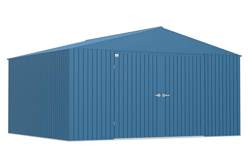 Image of Arrow Shed Elite 14' x 12' Tall Outdoor Steel Storage Shed with High Gable and Lockable Doors Storage Building, Blue Grey