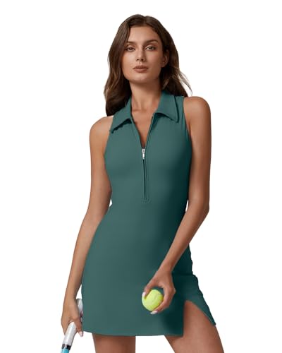 Image of QINSEN Womens Zip Front Tennis Dress Polo Collar Racer Back Workout Golf Dresses Build in Shorts with Pockets