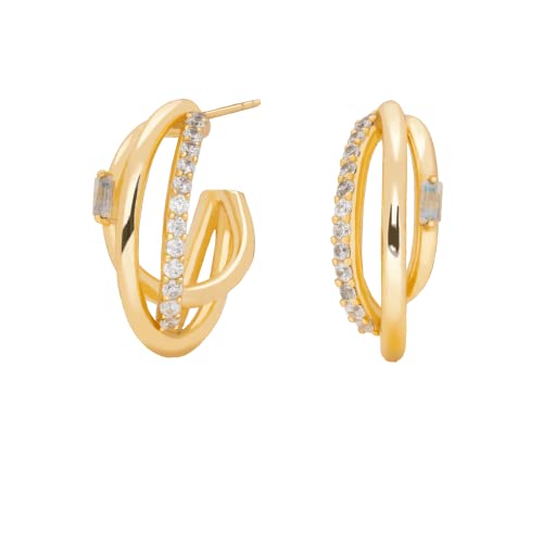 Boucles d'oreilles dorées Idol triple et cascade de pierres blanches lumineuses