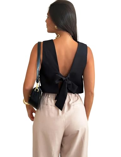 Dqbeng Tie Back Tank Tops for Women Crew Neck Open Back Sleeveless Crop Top Summer Elegant Trendy Clothing 2025 (Black-M)