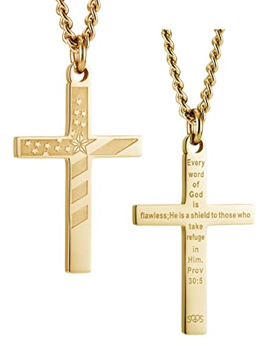 Men’s Cross Necklace – Stainless Steel or Gold Plated Pendant with Matching Curb Chain, USA Flag Patriotic Design, Inscribed with Proverbs 30:5 – Christian Jewelry for Men Faith-Based Jewelry Gifts