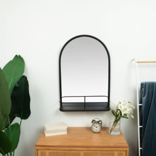 Hamilton Hills 32" X 221/4" Classic Matte Black Glass, Metal Round Mirror | Arched Top Metal Shelf Mirror Entryway Vanity Sink Holder Premium Glass Wall Mirror | Vanity For Bedroom And Living-Rooms #TOP1