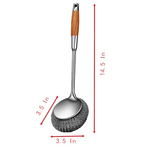 Image of Long Handle Steel Wire Ball, Bold and Thickened 14.5 Inch Stainless Steel Ball Brush and 2 Additional Wire Balls for Pot, Bottle and Closestool (Wood)