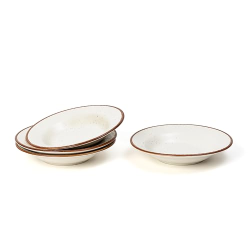 Image of Beyond Homes Ceramic Pasta Plates Shallow, 19 cm, Set of 4, White Brown | Matte Finish Ceramic Pasta Bowl | Stoneware Flat Pasta & Maggie Bowl | Chip Resistant | Microwave Safe (4, White Brown Border)