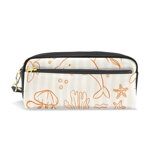 Akiraki ペンケース おしゃれ 高校生 筆箱 大容量 女の子 ふでばこ 中学生 小学生 ペンポーチ 化粧ポーチ イルカ 亀 海月 かわいい オレンジ色 PU レザー ポーチ ケース 文房具 文具 可愛い