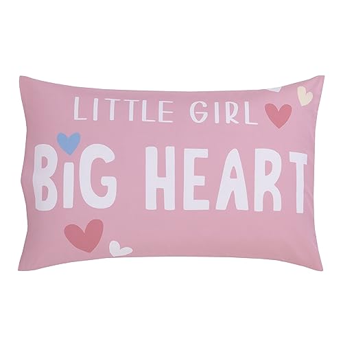 Image of Everything Kids Hearts Pink, Blue and White Little Girl Big Heart 4 Piece Toddler Bed Set - Comforter, Fitted Bottom Sheet, Flat Top Sheet, and Reversible Pillowcase